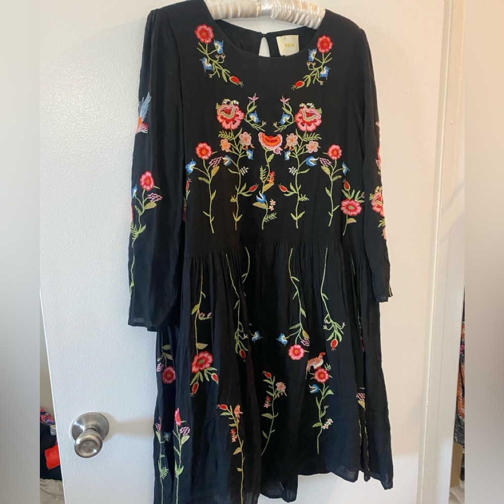 Anthropologie Black Floral Embroidered Midi Dress - Picture 5 of 9